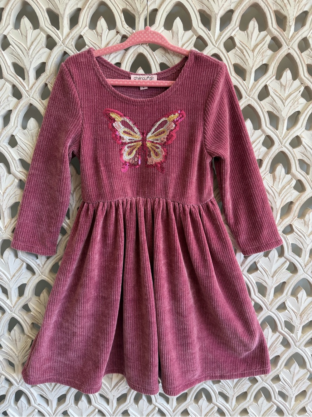 Chenault Girl Ribbed Butterfly Long Sleeve Dress Size 5